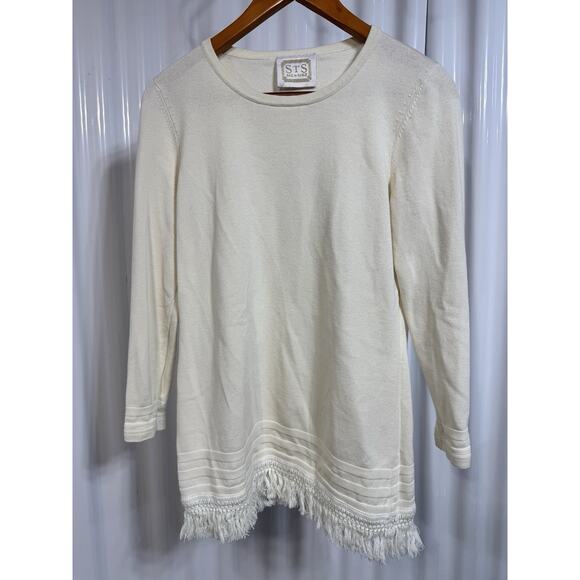 Sail to Sable Sweater Women’s Large. Ivory Knit Cotton Blend With Rag Fringe - Picture 1 of 7